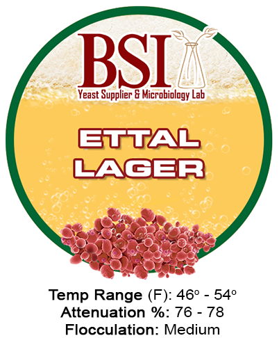 An icon of BSI Ettal Lager beer yeast with brewing specifications.