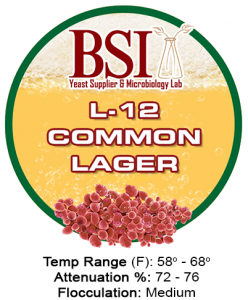 An icon of BSI L-12 Common Lager beer yeast with brewing specifications.