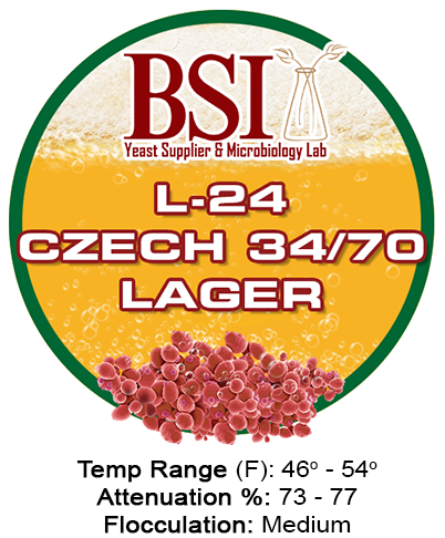 An icon of BSI L-24 Czech 34/70 Lager beer yeast with brewing specifications.