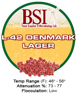 A graphic image that represents BSI L-42 Denmark Lager with brewing specifications.
