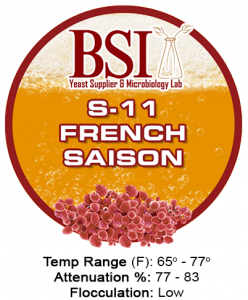 An icon of BSI S-11 French Saison beer yeast strain with strain specifications.