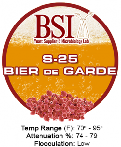 An image of BSI S-25 Bier de Garde beer yeast icon with yeast specifications.