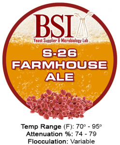 An image of BSI S-26 Farmhouse Ale beer yeast strain with attenuation and flocculation specifications.