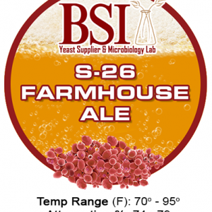 An image of BSI S-26 Farmhouse Ale beer yeast strain with attenuation and flocculation specifications.