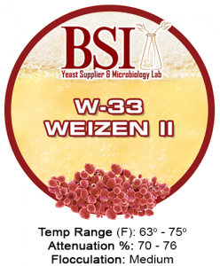 An image of BSI W-33 Weizen II beer yeast strain with yeast specifications.