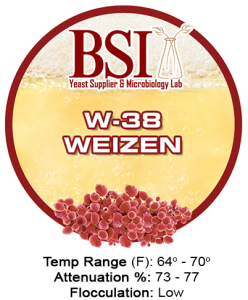 An image of W-38 Weizen with yeast specifications.